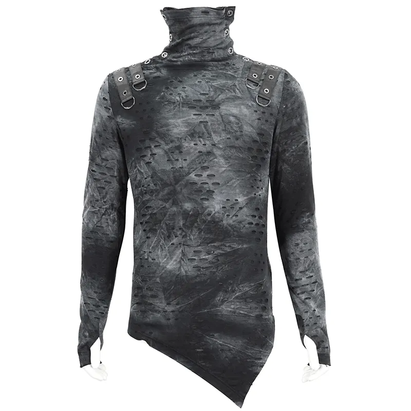 Men's Asymmetrical Textured Top with High Neck and Buckles