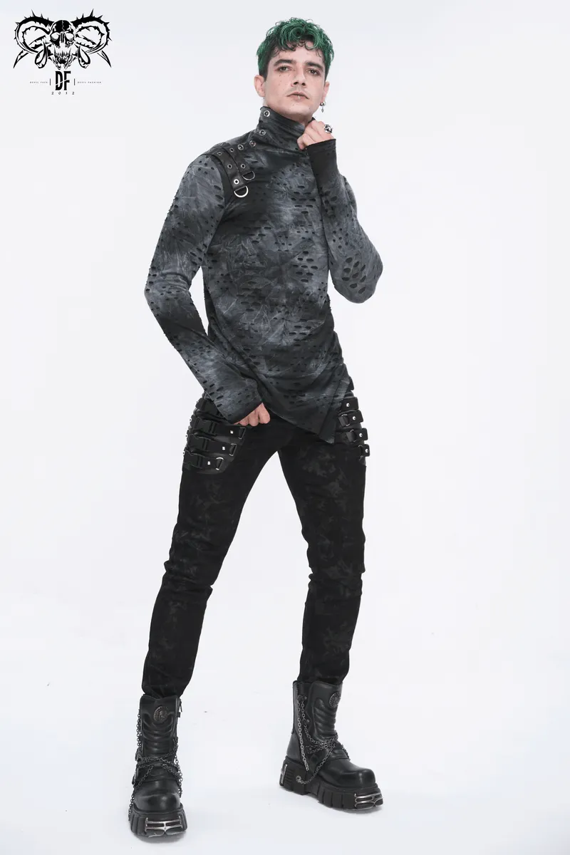 Men's Asymmetrical Textured Top with High Neck and Buckles