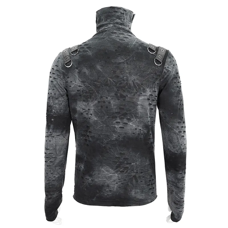 Men's Asymmetrical Textured Top with High Neck and Buckles