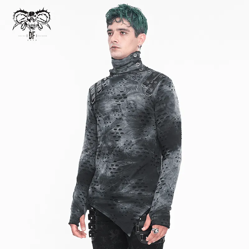 Men's Asymmetrical Textured Top with High Neck and Buckles