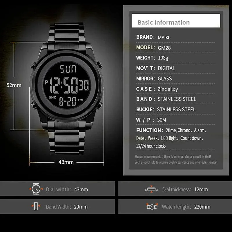 Men's LED Digital Sports Watch - Military-Grade, Waterproof, Stainless Steel