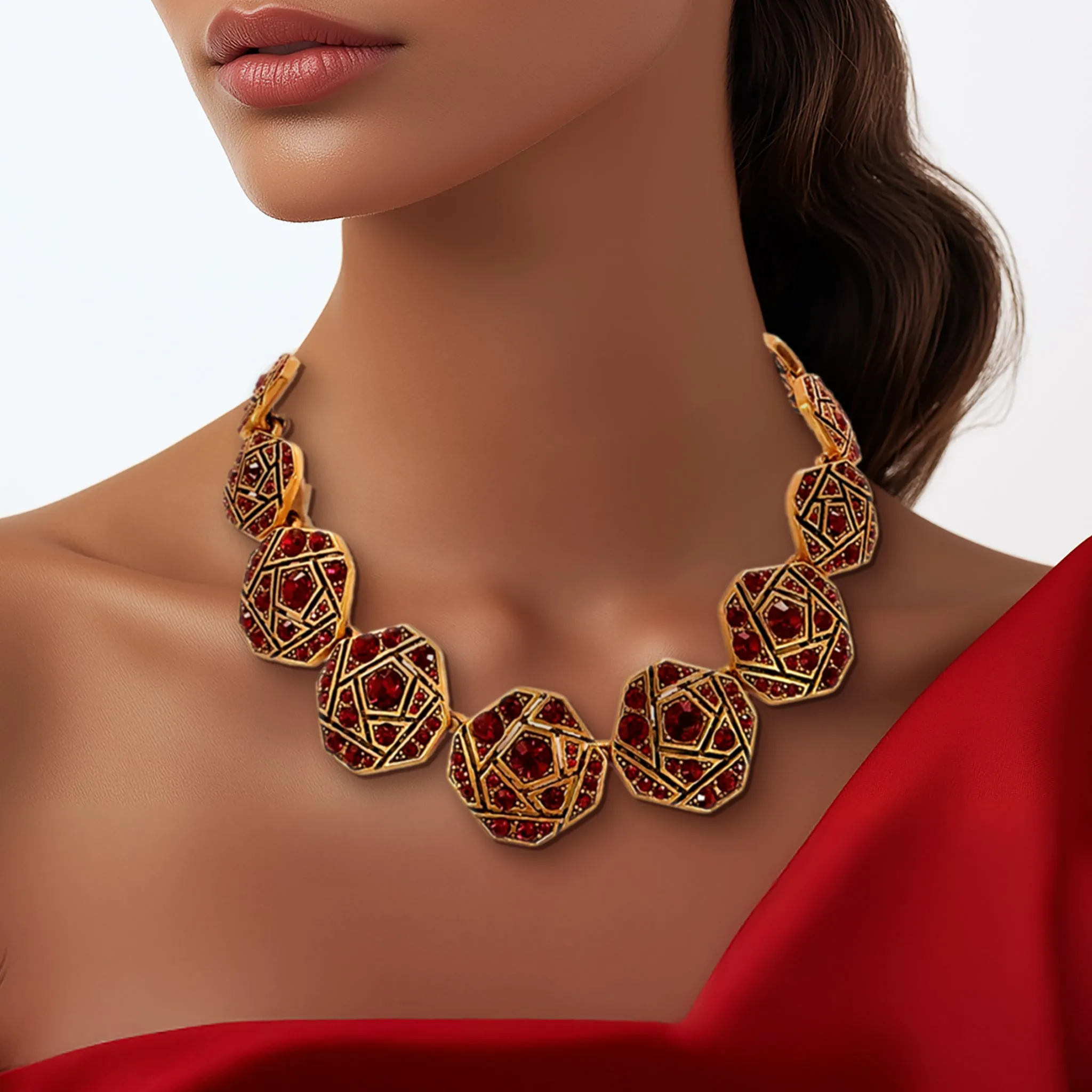 Oscar de la Renta Geometric Mosaic Necklace with Siam Ruby Austrian Crystals 17"