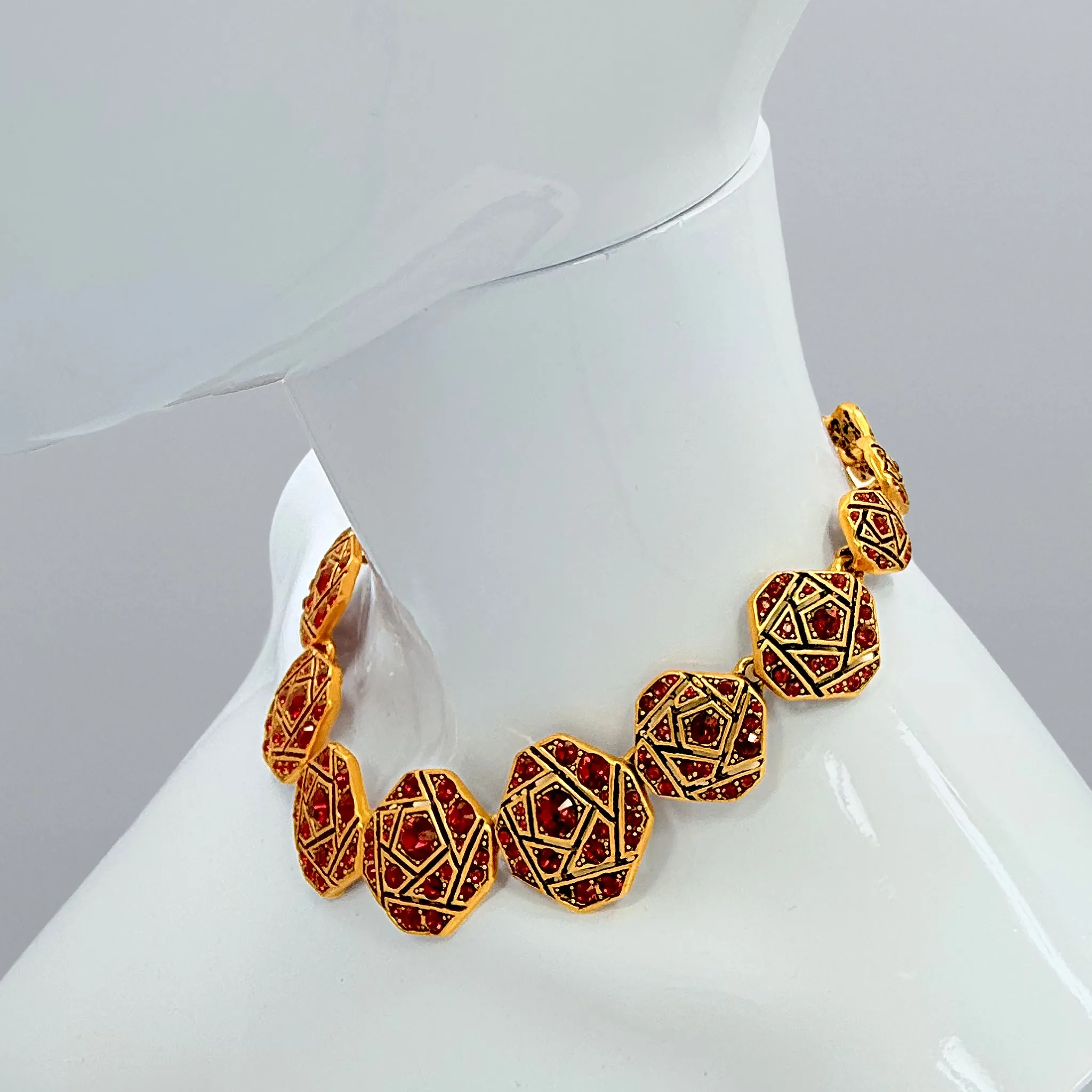 Oscar de la Renta Geometric Mosaic Necklace with Siam Ruby Austrian Crystals 17"