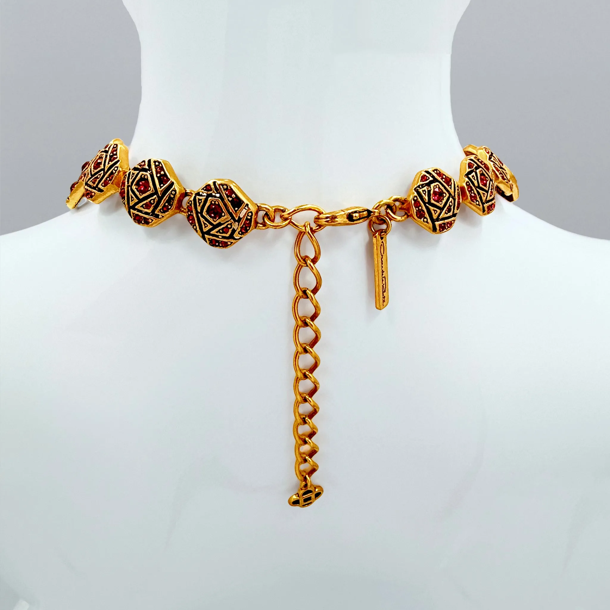 Oscar de la Renta Geometric Mosaic Necklace with Siam Ruby Austrian Crystals 17"