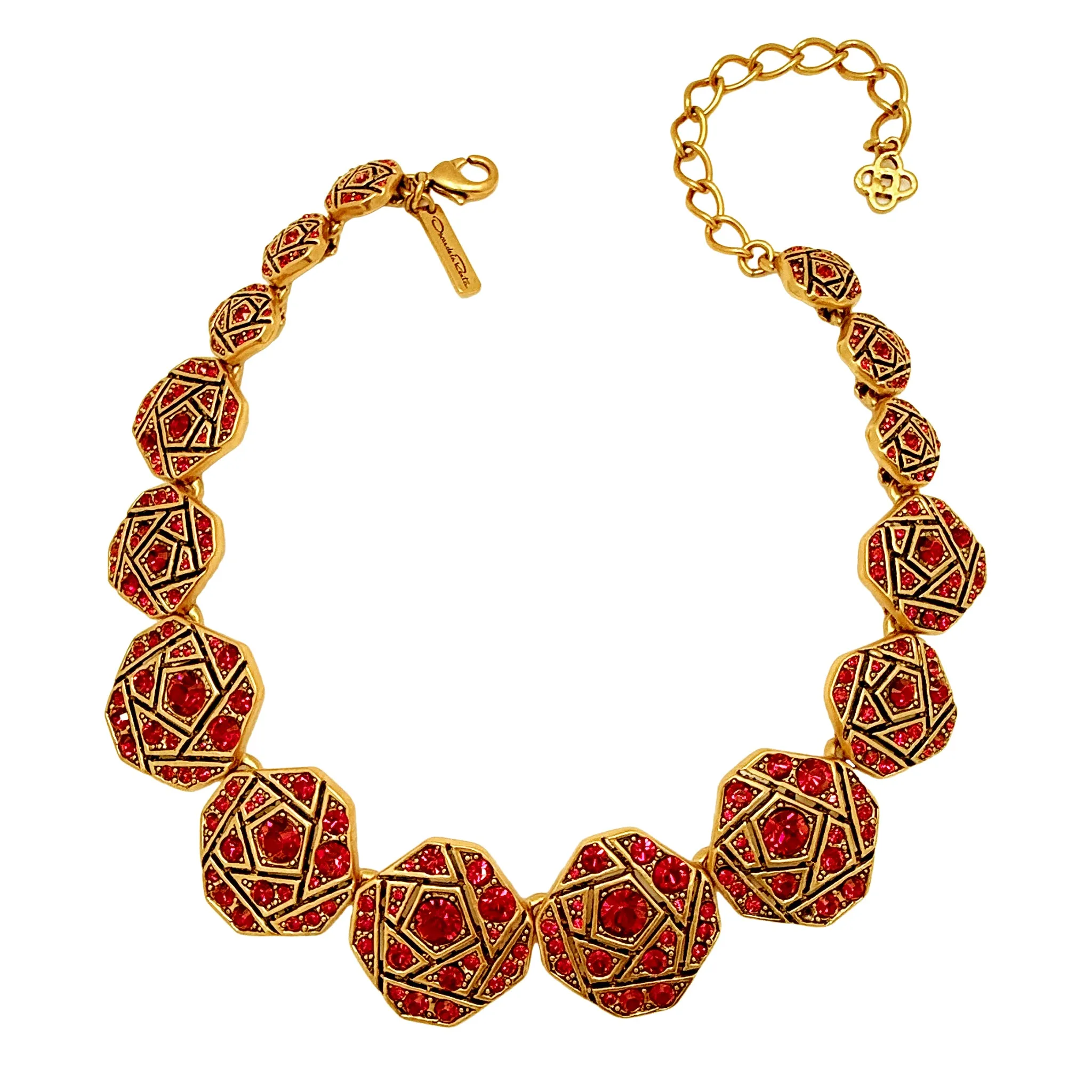 Oscar de la Renta Geometric Mosaic Necklace with Siam Ruby Austrian Crystals 17"
