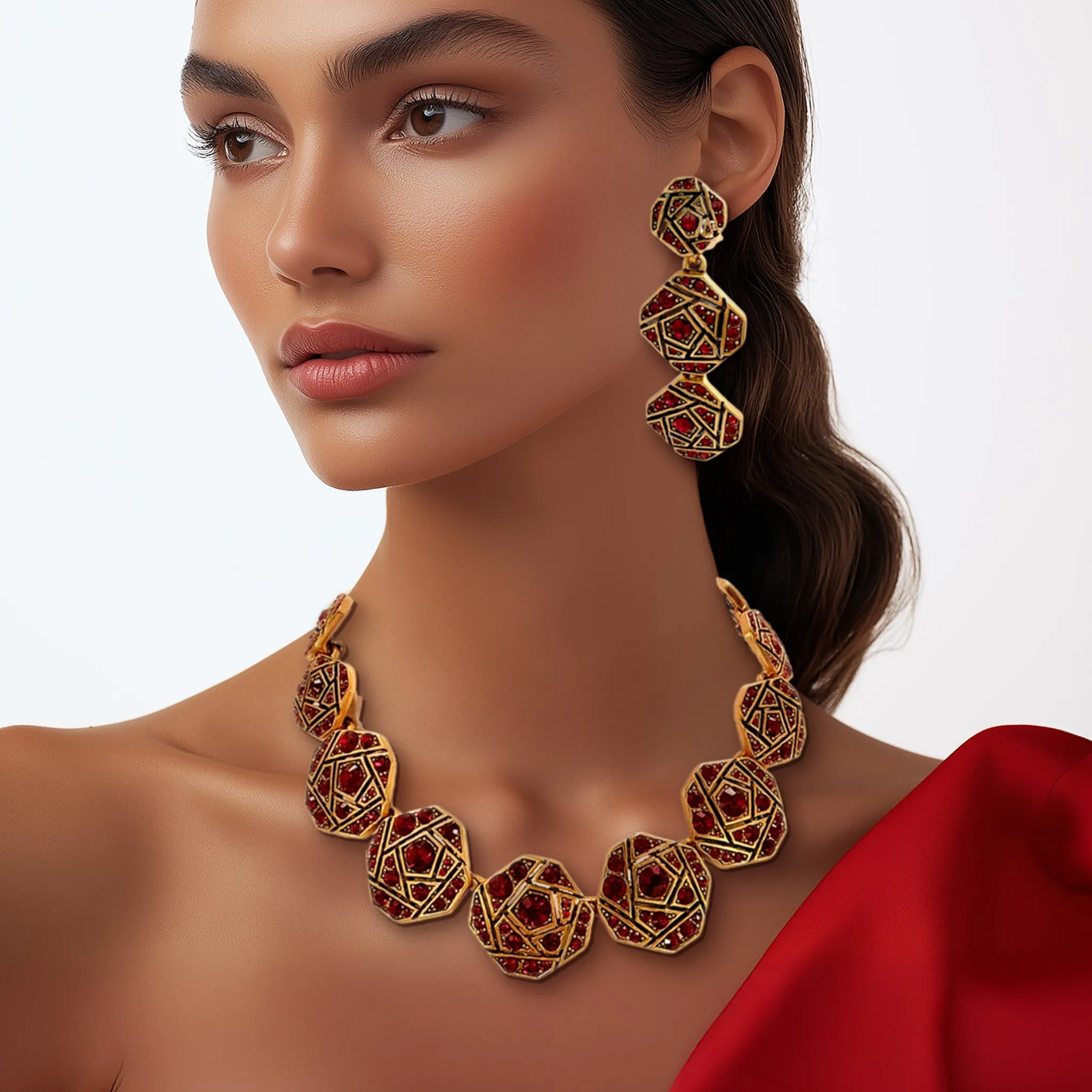 Oscar de la Renta Geometric Mosaic Necklace with Siam Ruby Austrian Crystals 17"