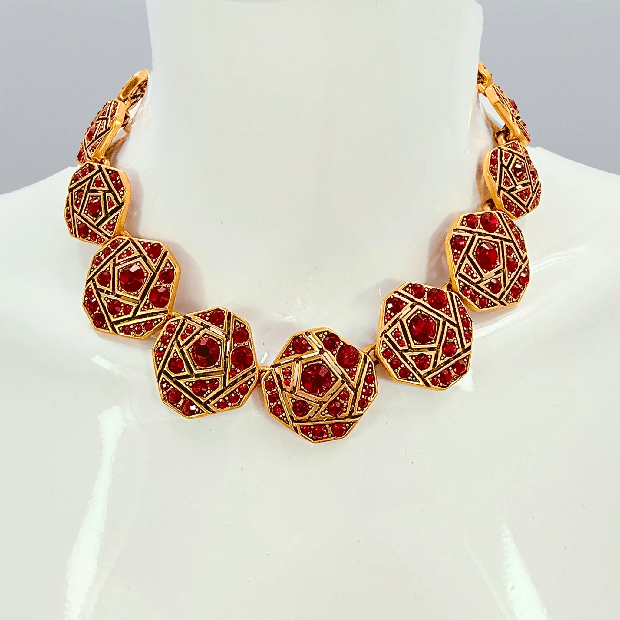 Oscar de la Renta Geometric Mosaic Necklace with Siam Ruby Austrian Crystals 17"