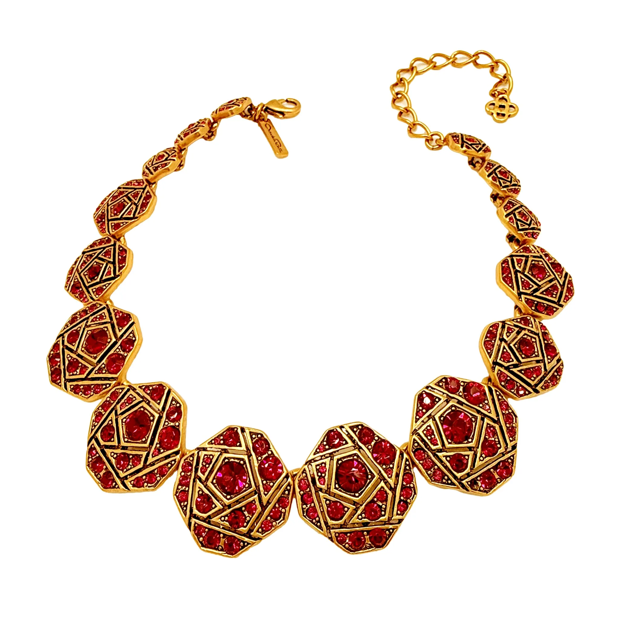 Oscar de la Renta Geometric Mosaic Necklace with Siam Ruby Austrian Crystals 17"