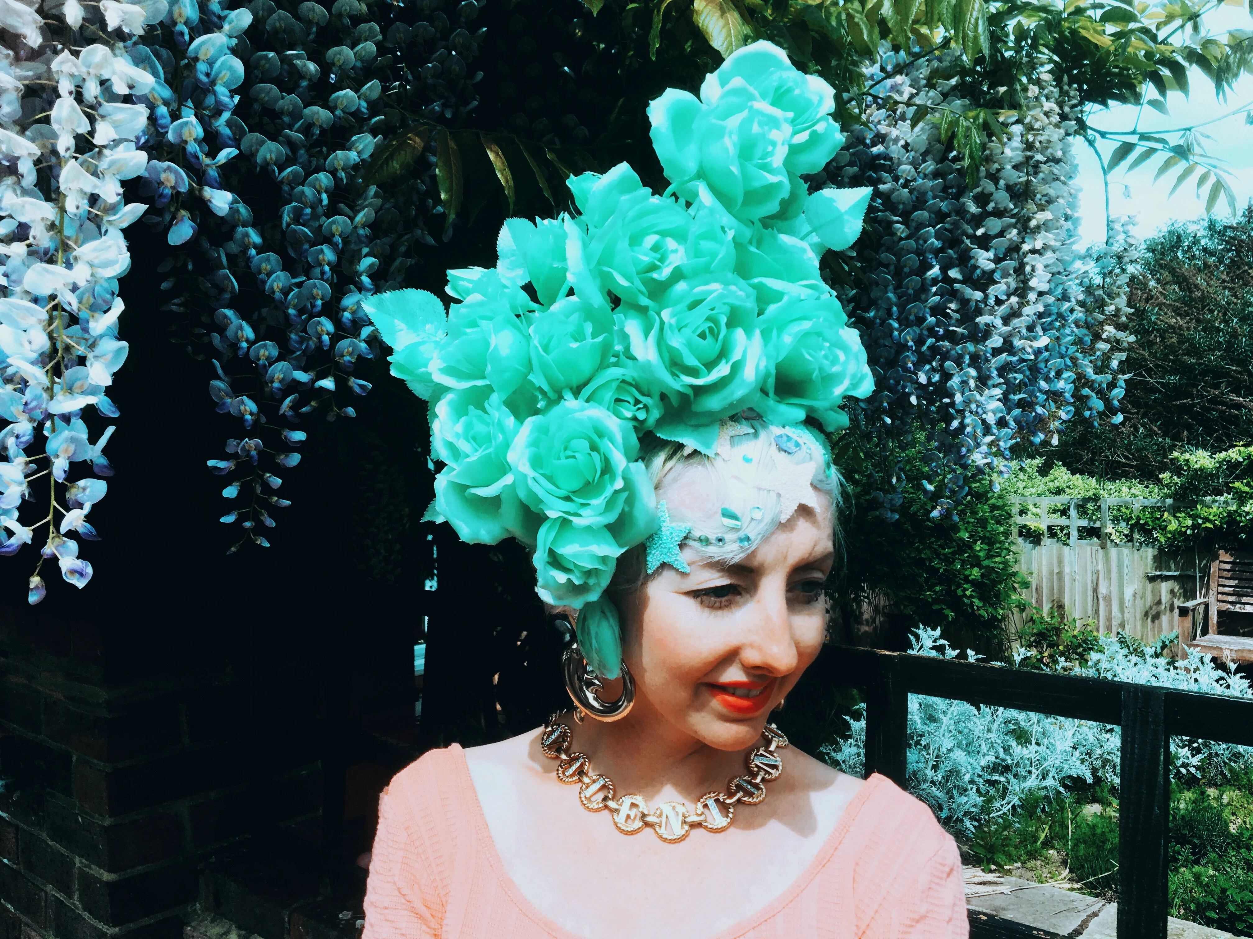 Pastel Roses Headdress, blue, yellow, green, peach