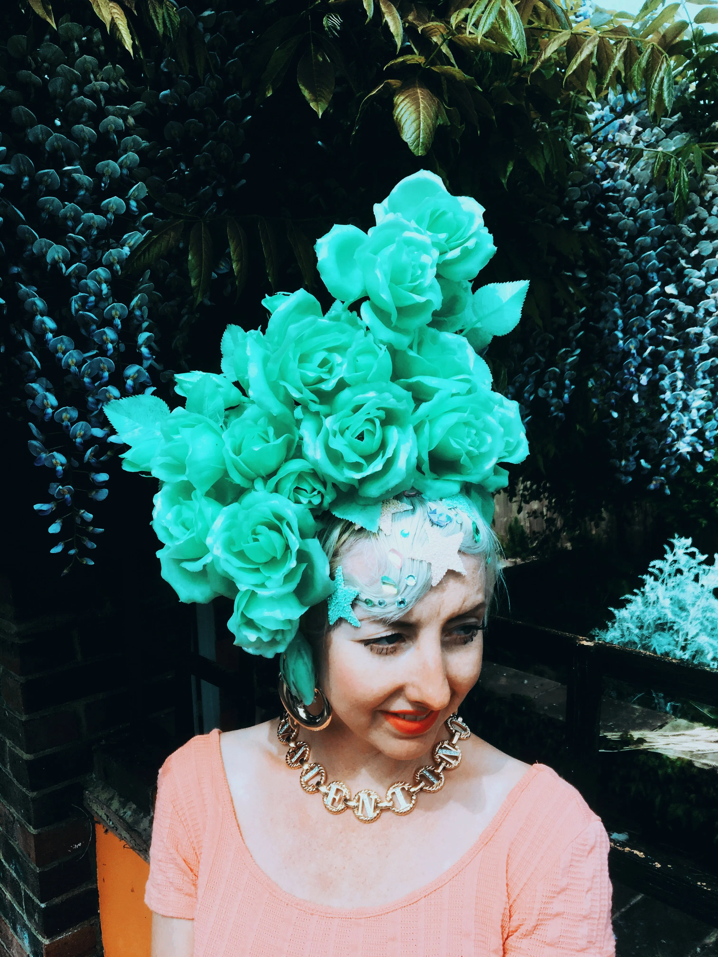 Pastel Roses Headdress, blue, yellow, green, peach