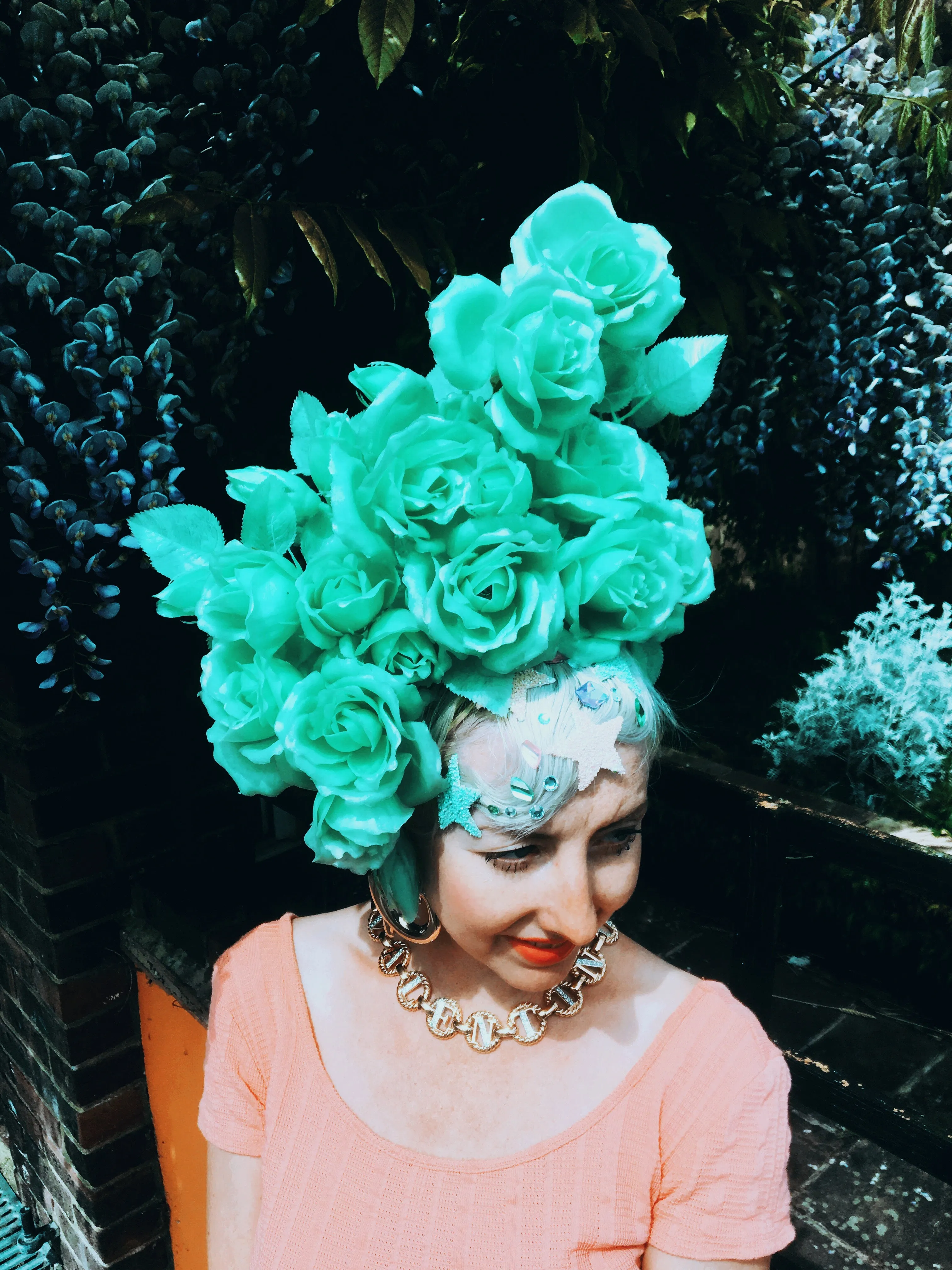 Pastel Roses Headdress, blue, yellow, green, peach