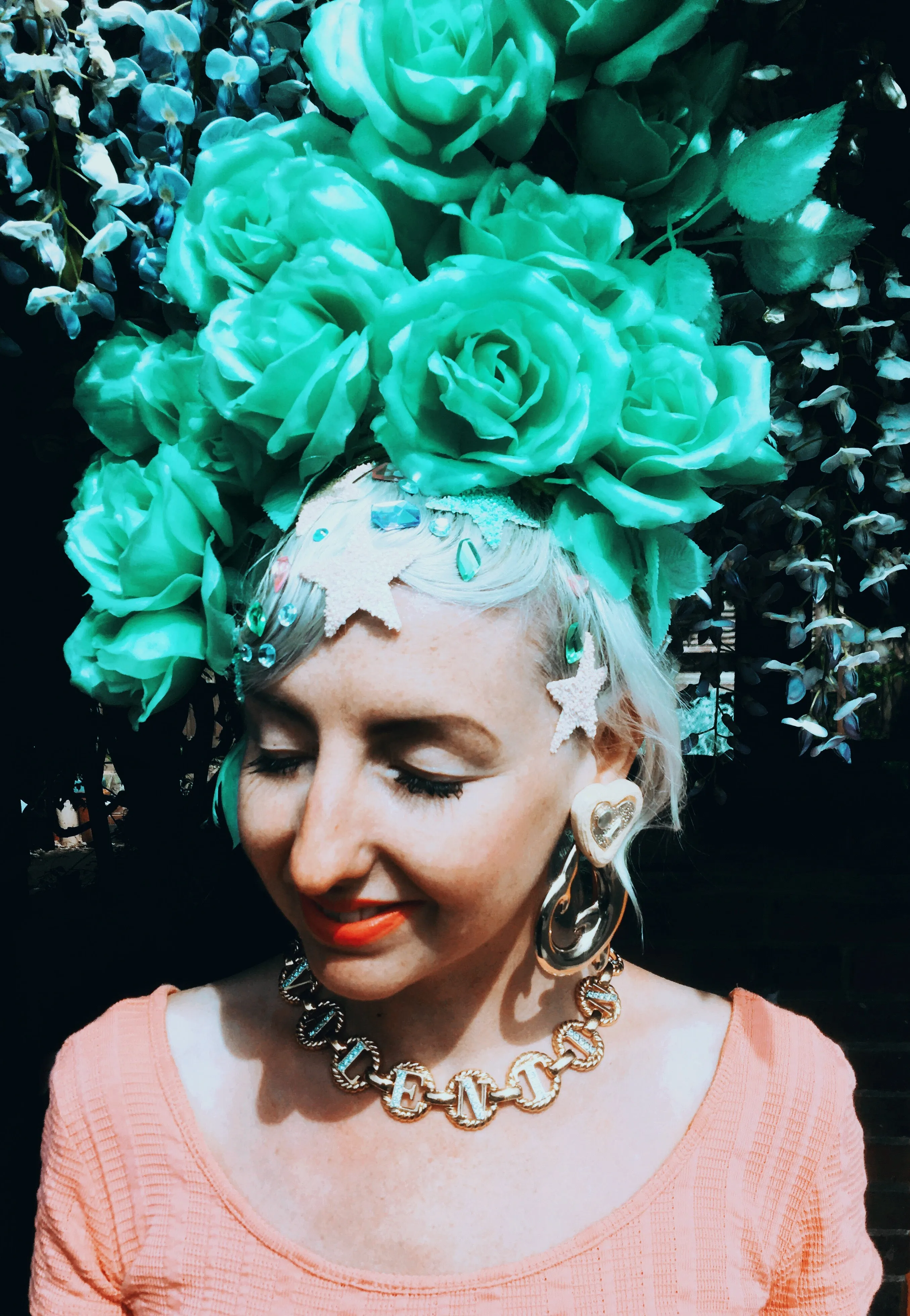Pastel Roses Headdress, blue, yellow, green, peach
