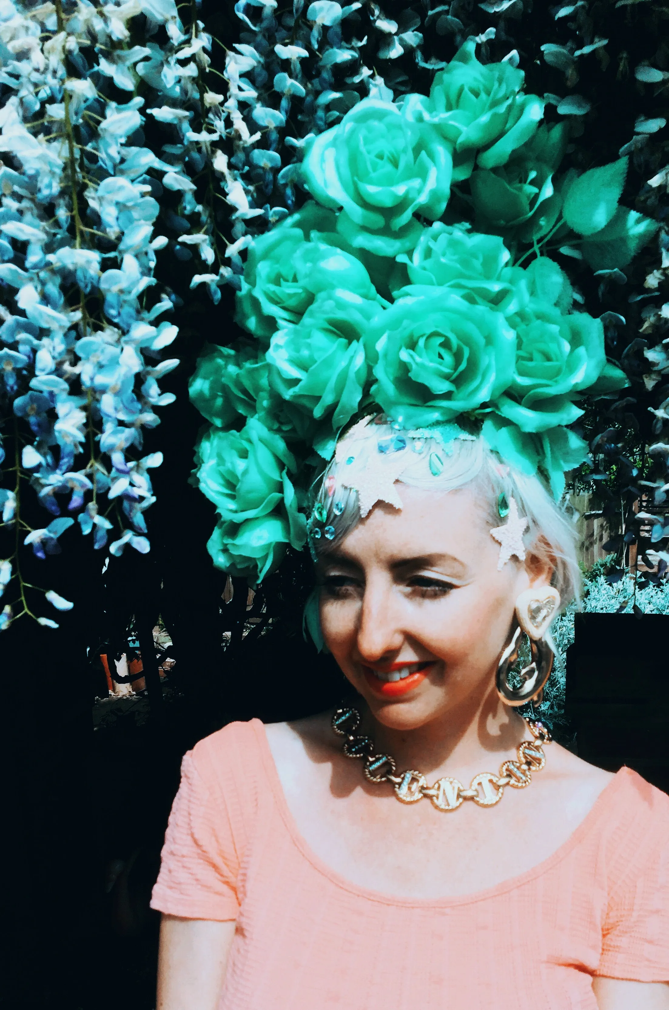 Pastel Roses Headdress, blue, yellow, green, peach