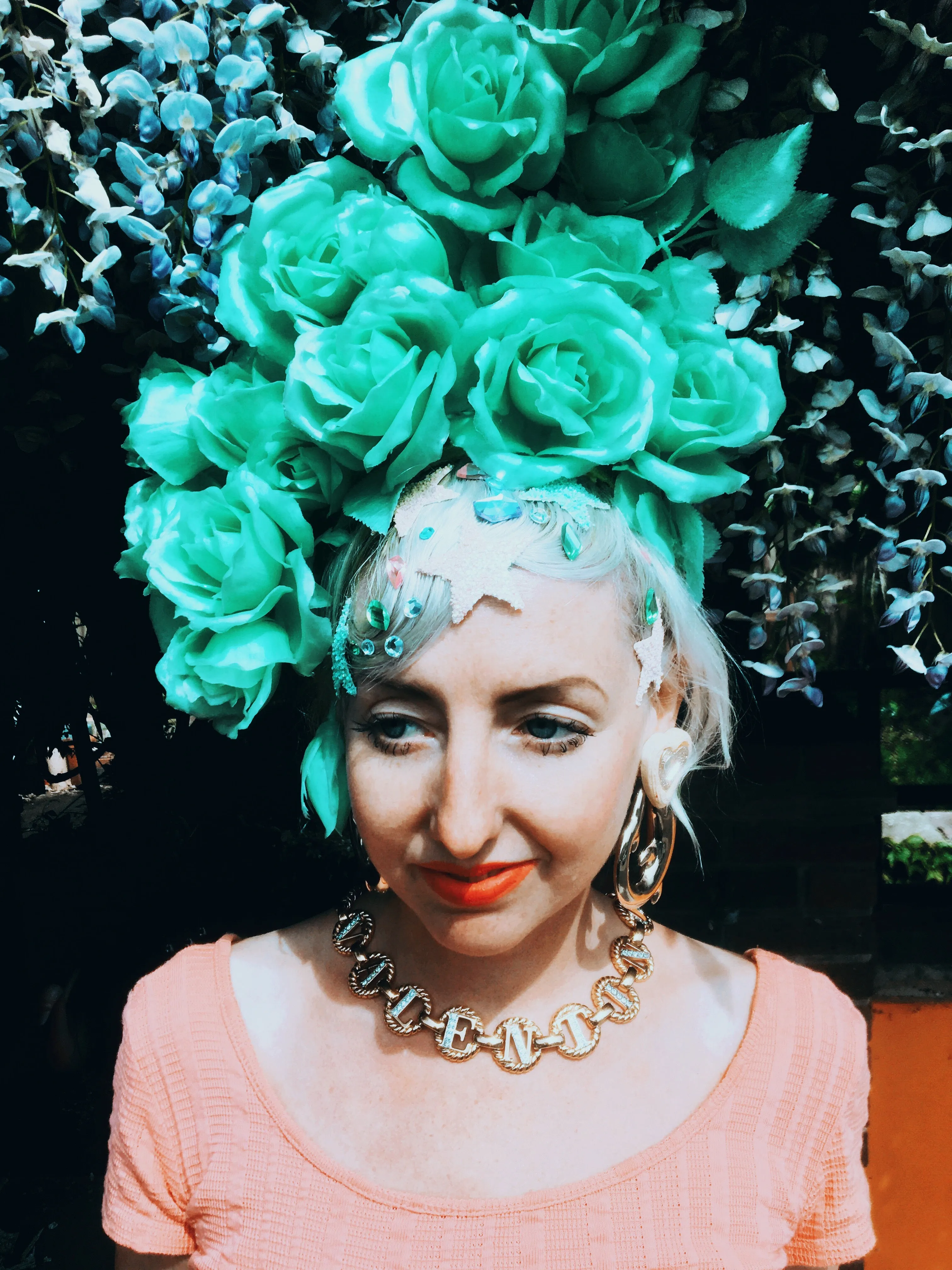 Pastel Roses Headdress, blue, yellow, green, peach