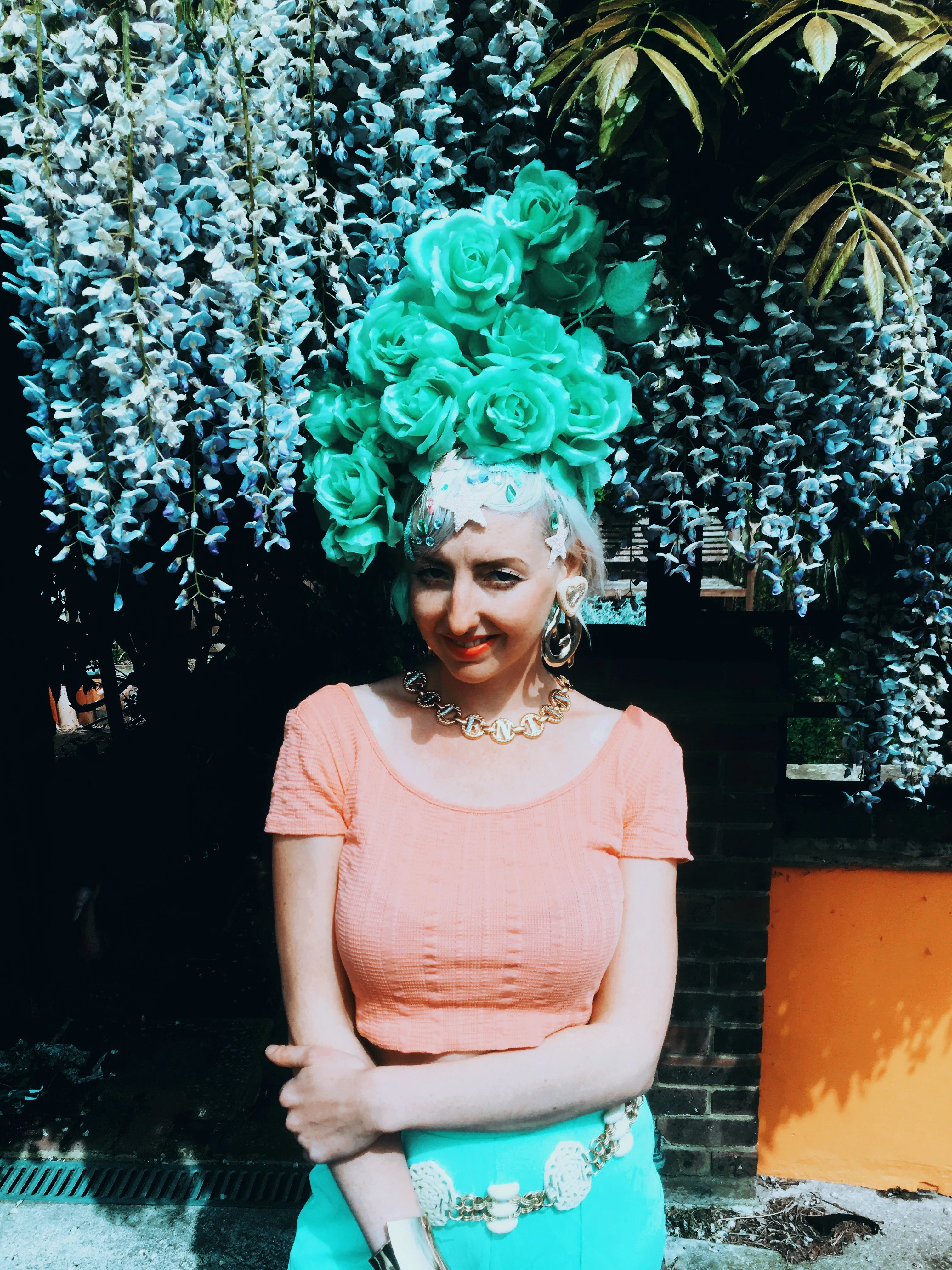 Pastel Roses Headdress, blue, yellow, green, peach