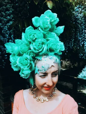 Pastel Roses Headdress, blue, yellow, green, peach