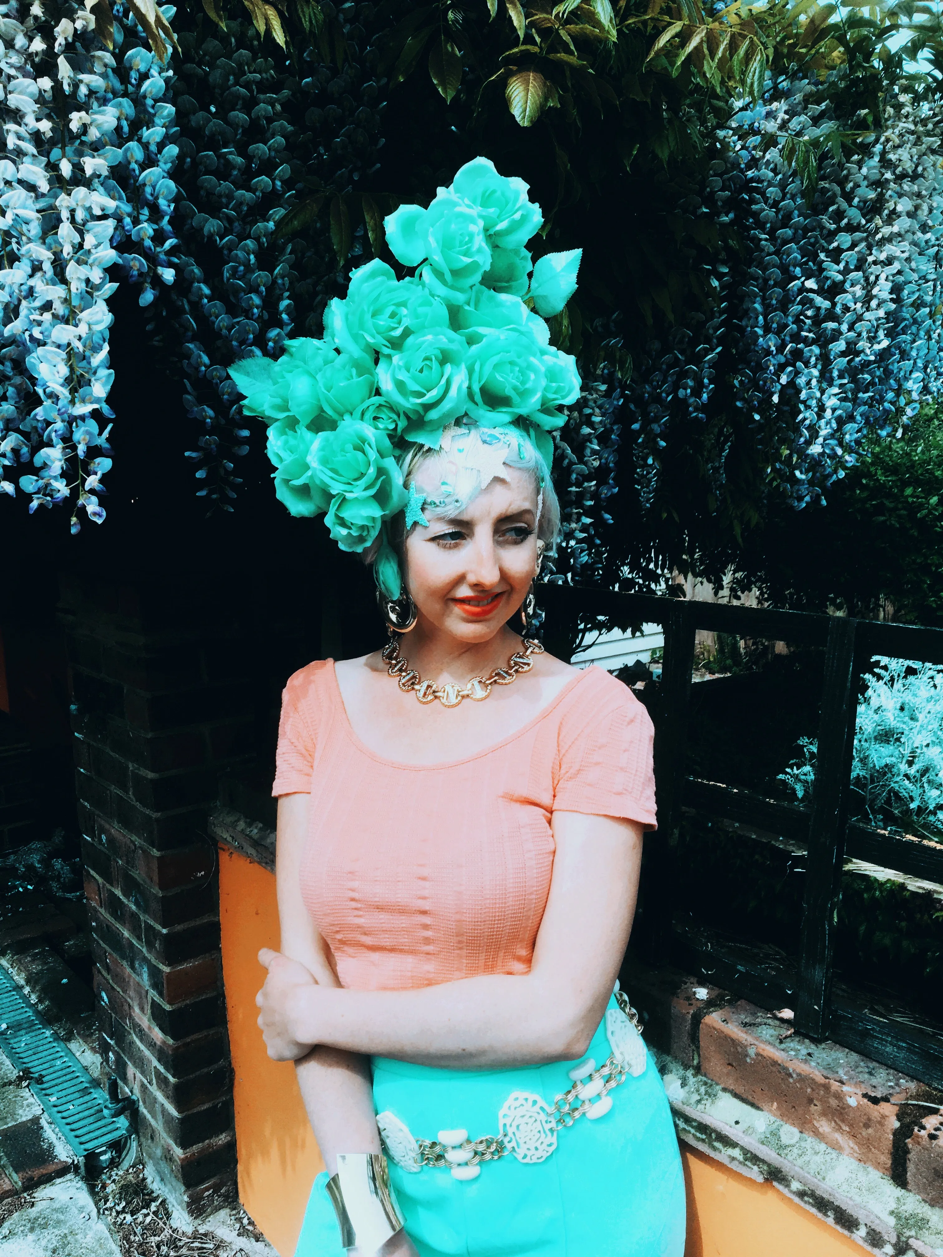 Pastel Roses Headdress, blue, yellow, green, peach