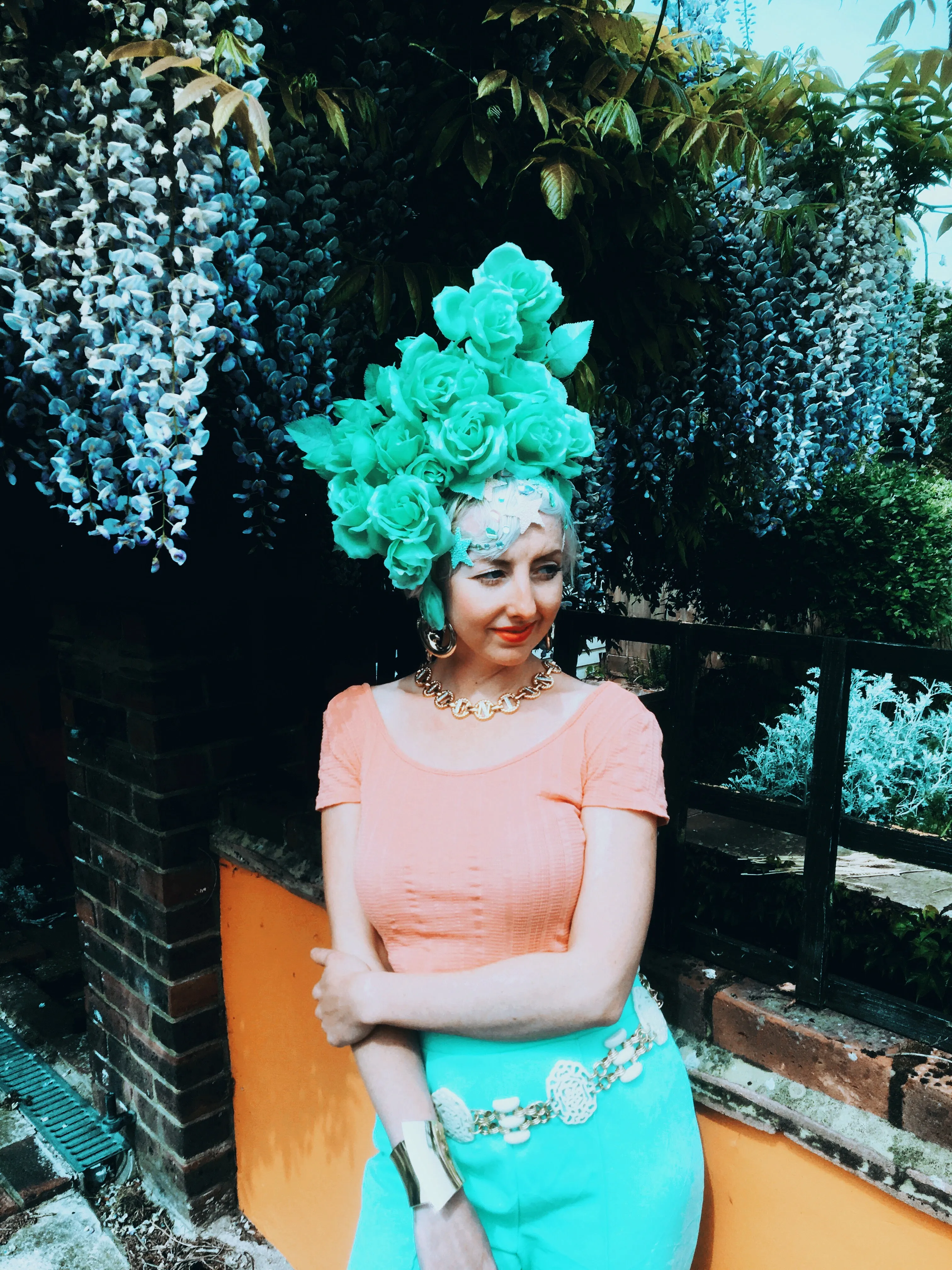 Pastel Roses Headdress, blue, yellow, green, peach