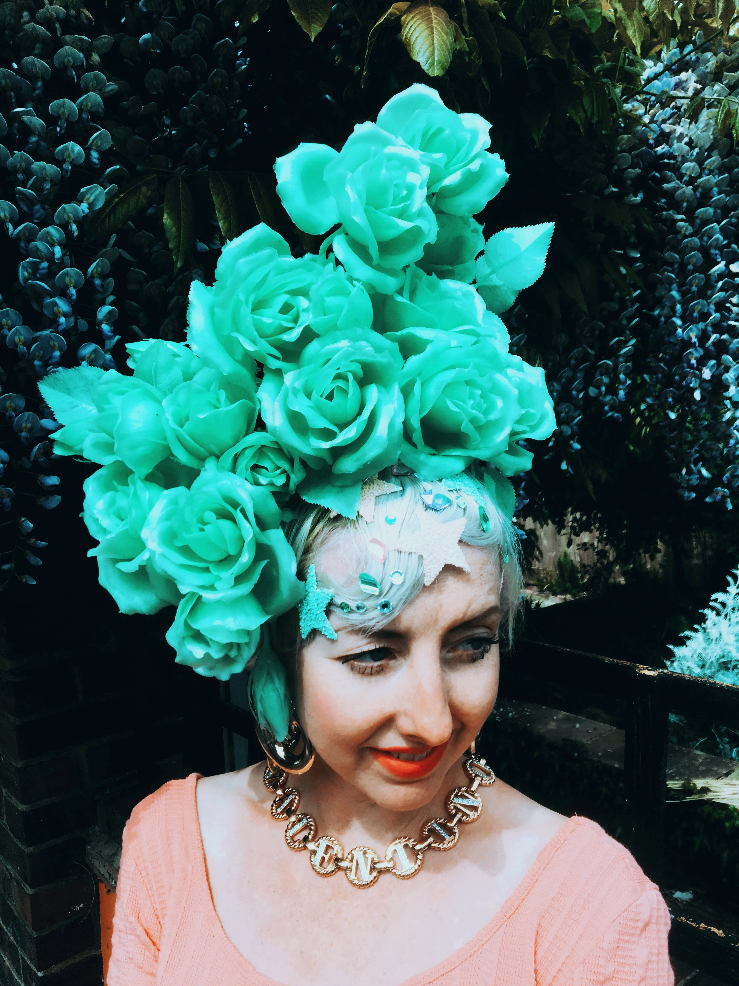 Pastel Roses Headdress, blue, yellow, green, peach