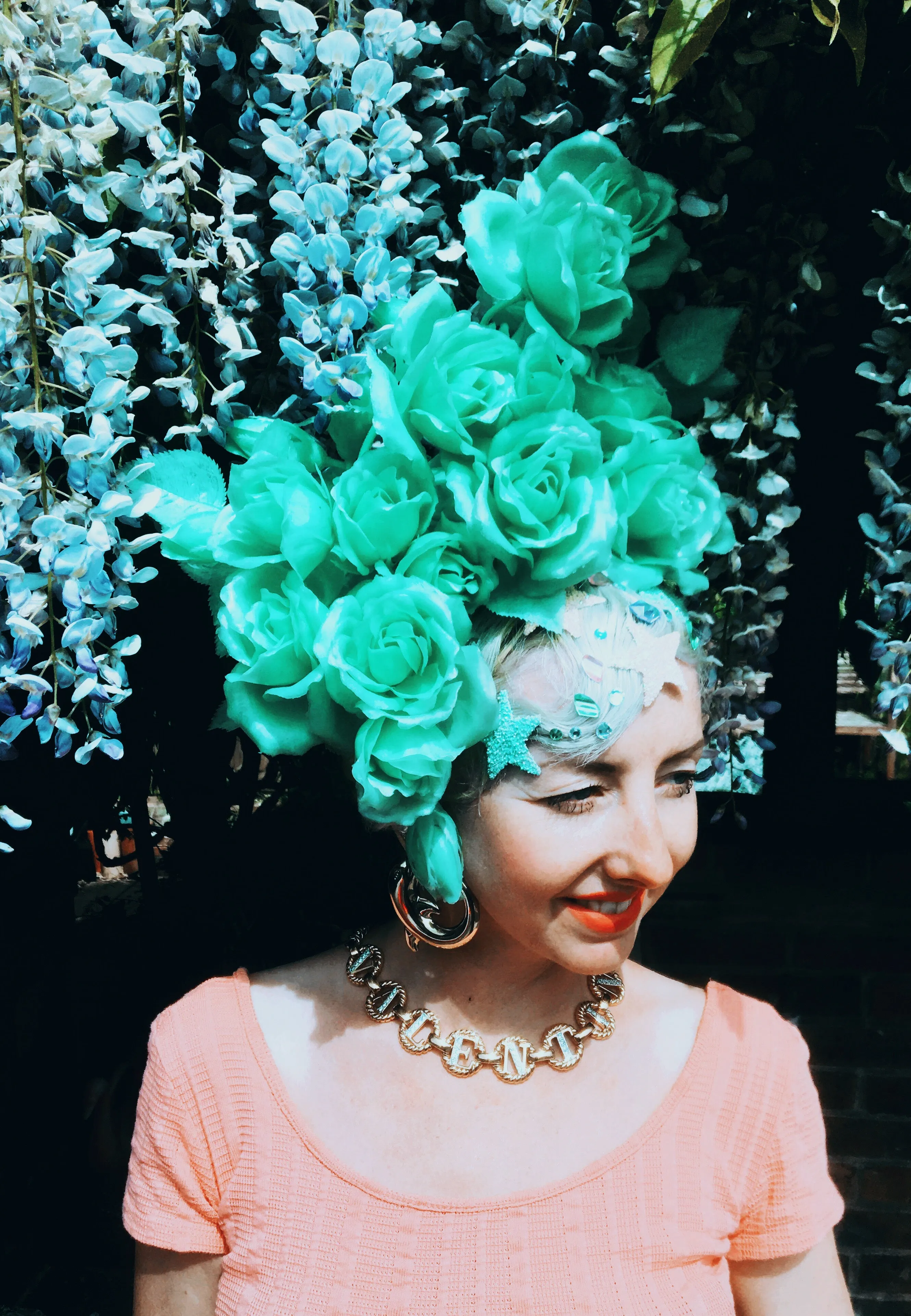 Pastel Roses Headdress, blue, yellow, green, peach