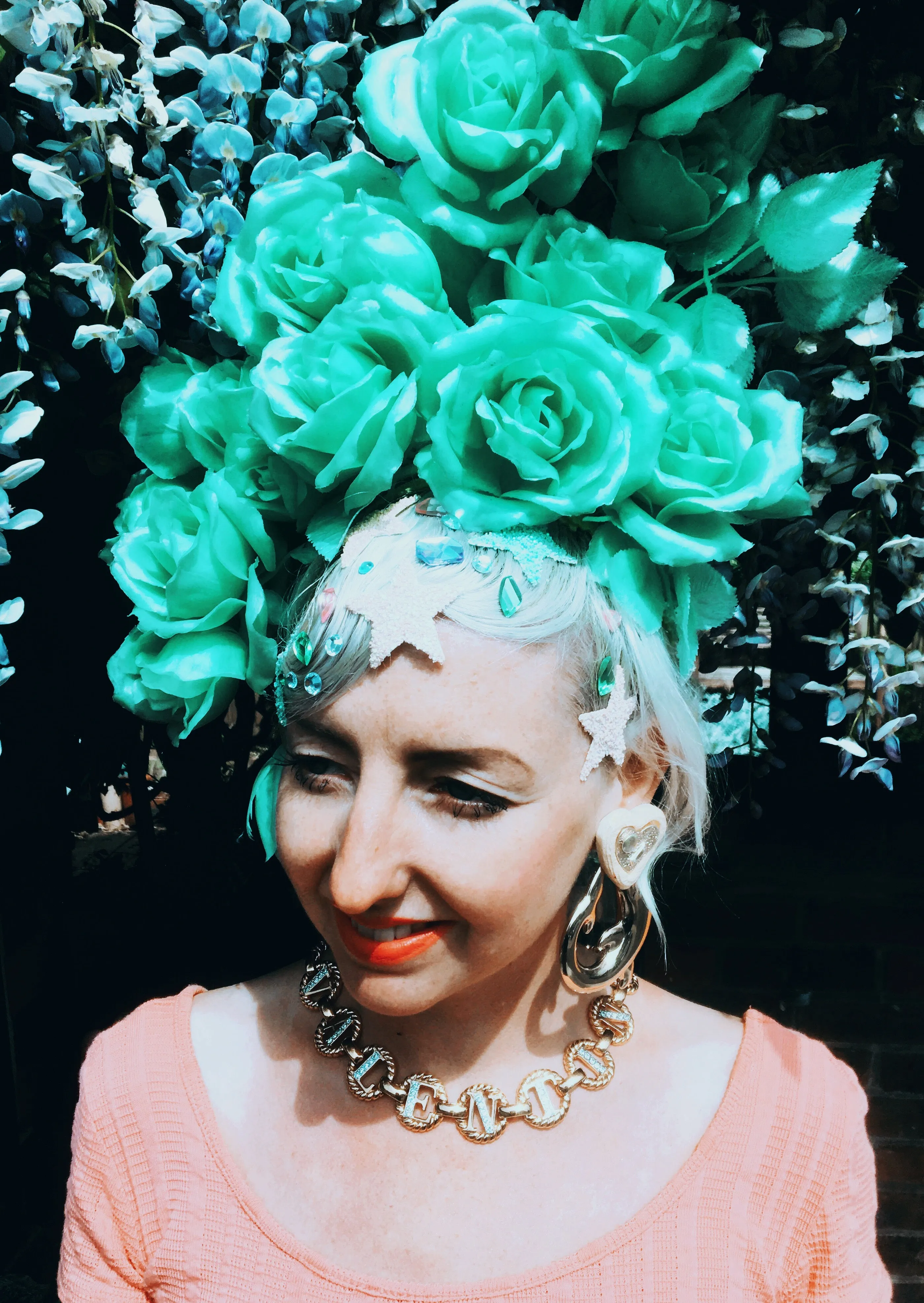 Pastel Roses Headdress, blue, yellow, green, peach