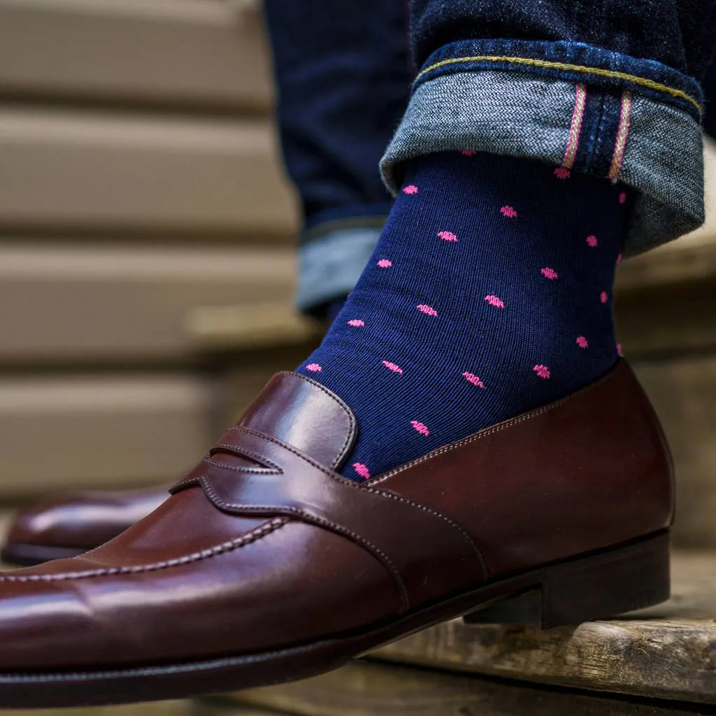 Pink Dots on Navy Cotton Over the Calf Dress Socks