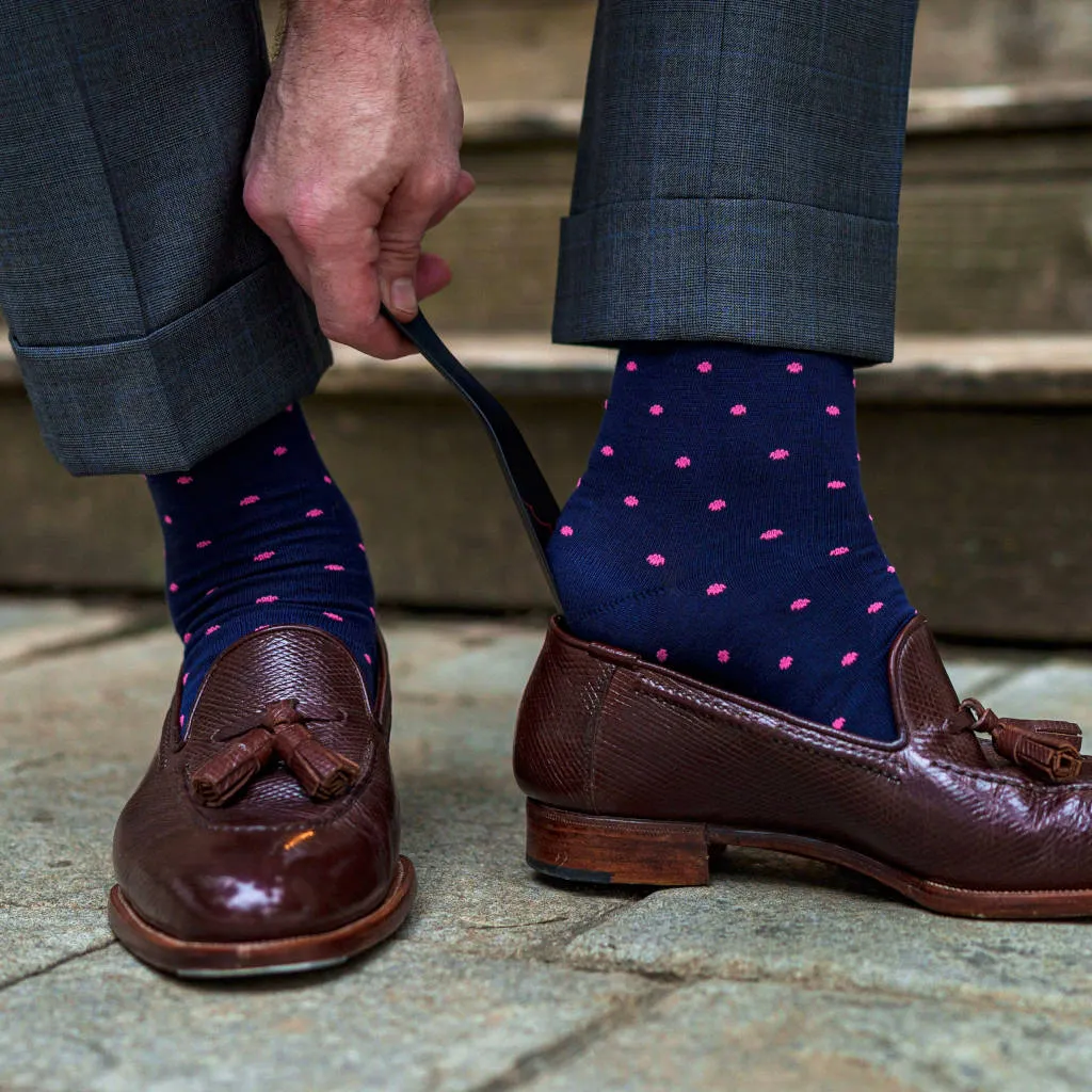Pink Dots on Navy Cotton Over the Calf Dress Socks