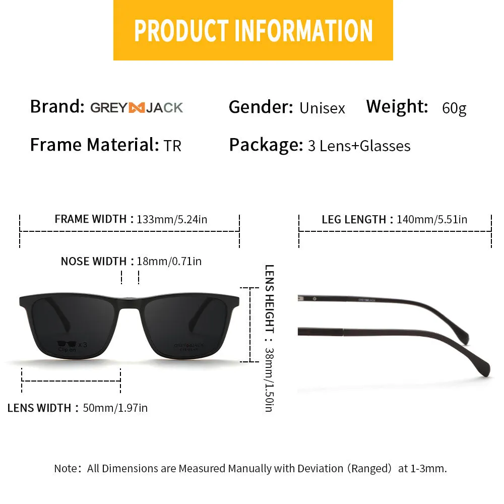 Polarized Rectangle Shape Clip On Glasses with 3PCS Magnetic Lens 10008