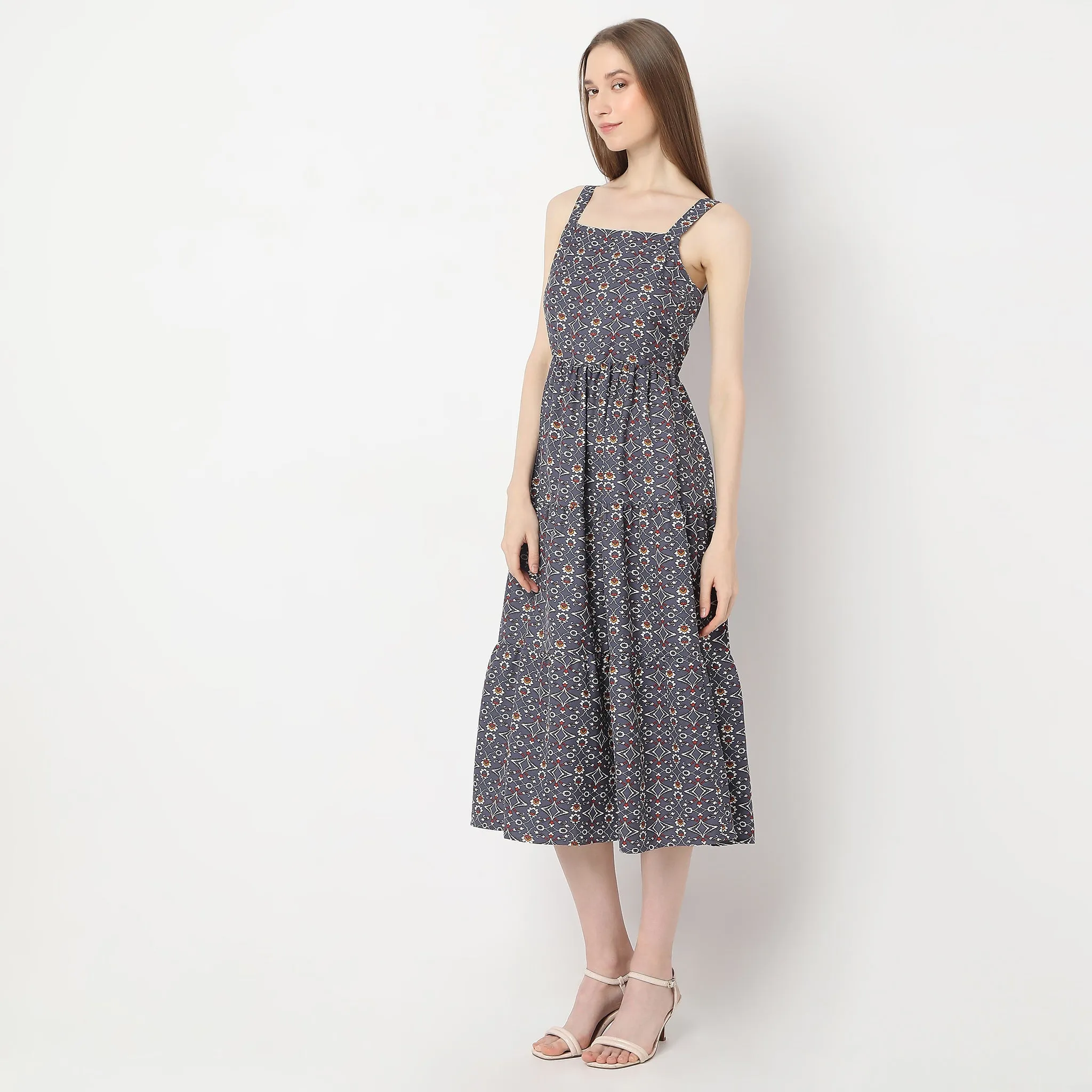 Printed Below Knee Square Neck Dress