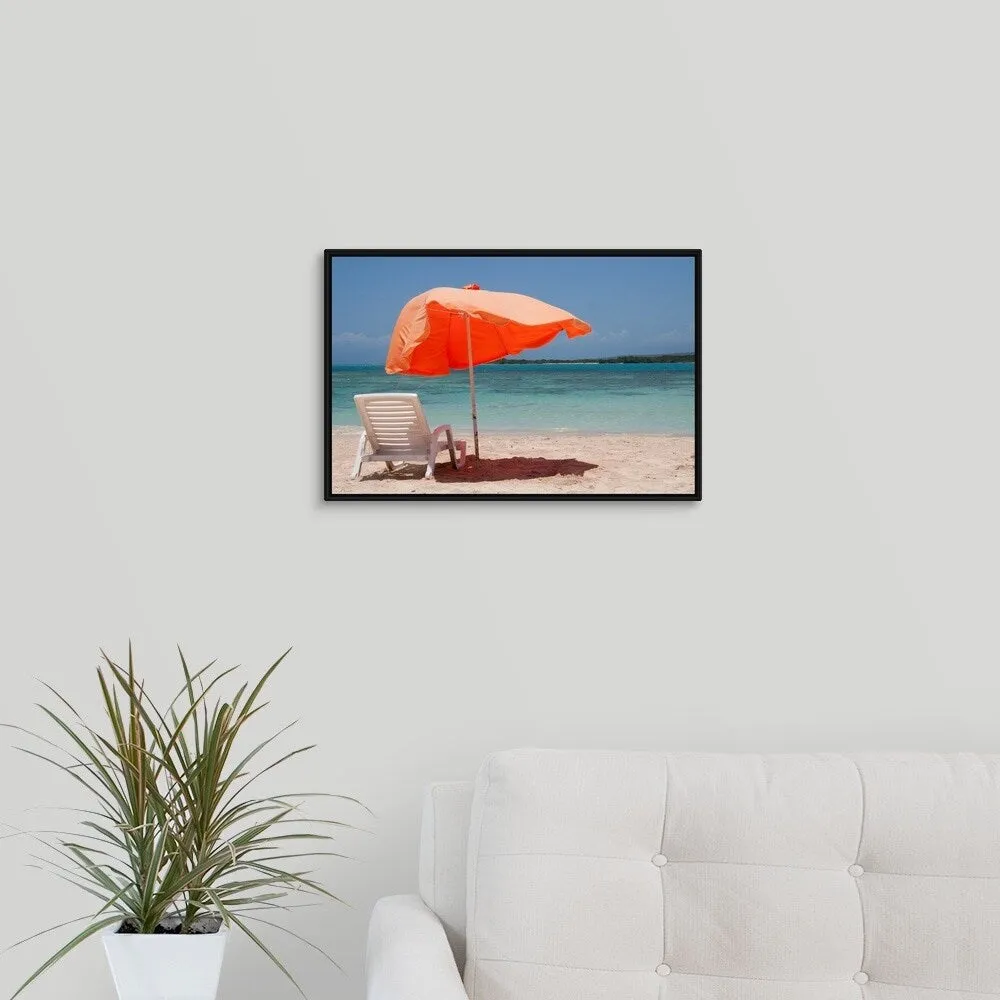 "Chair with parasol umbrella on beach" Black Float Frame Canvas Art