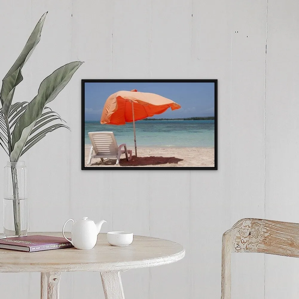 "Chair with parasol umbrella on beach" Black Float Frame Canvas Art