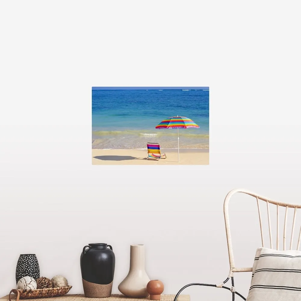 "Colorful beach chair and umbrella on the shoreline of a tropical beach" Poster Print - Multi