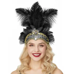 Rio Carnival Samba Sequin Ostrich Feather Showgirl Costume Headdress - Black