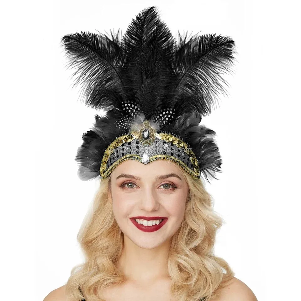 Rio Carnival Samba Sequin Ostrich Feather Showgirl Costume Headdress - Black