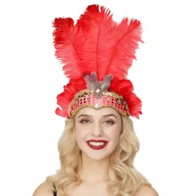 Rio Carnival Samba Sequin Ostrich Feather Showgirl Costume Headdress - Red