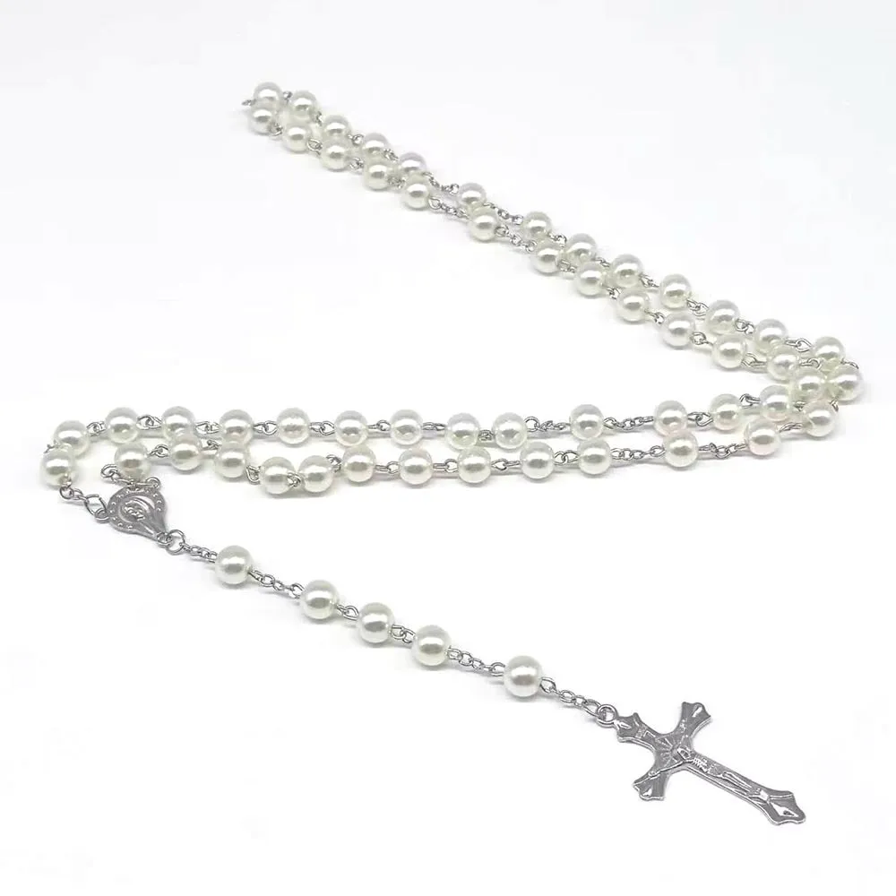 rosary necklace black and white round beads