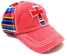 Serape Cross Patch on VINTAGE RED Distressed, Multi-Colored Hat