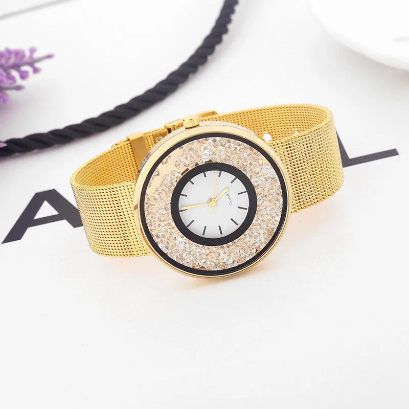 Sidiou Group Hot Sale Fashion Stainless Steel Rose Gold & Silver Band Quartz Watch Luxury Women Rhinestone Watches Mesh Strap Valentine Gift Watch