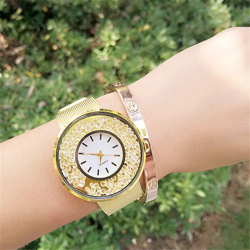 Sidiou Group Hot Sale Fashion Stainless Steel Rose Gold & Silver Band Quartz Watch Luxury Women Rhinestone Watches Mesh Strap Valentine Gift Watch