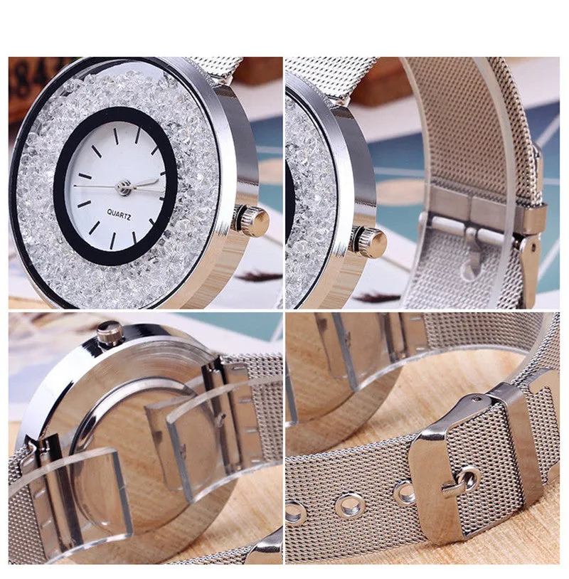 Sidiou Group Hot Sale Fashion Stainless Steel Rose Gold & Silver Band Quartz Watch Luxury Women Rhinestone Watches Mesh Strap Valentine Gift Watch