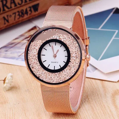 Sidiou Group Hot Sale Fashion Stainless Steel Rose Gold & Silver Band Quartz Watch Luxury Women Rhinestone Watches Mesh Strap Valentine Gift Watch