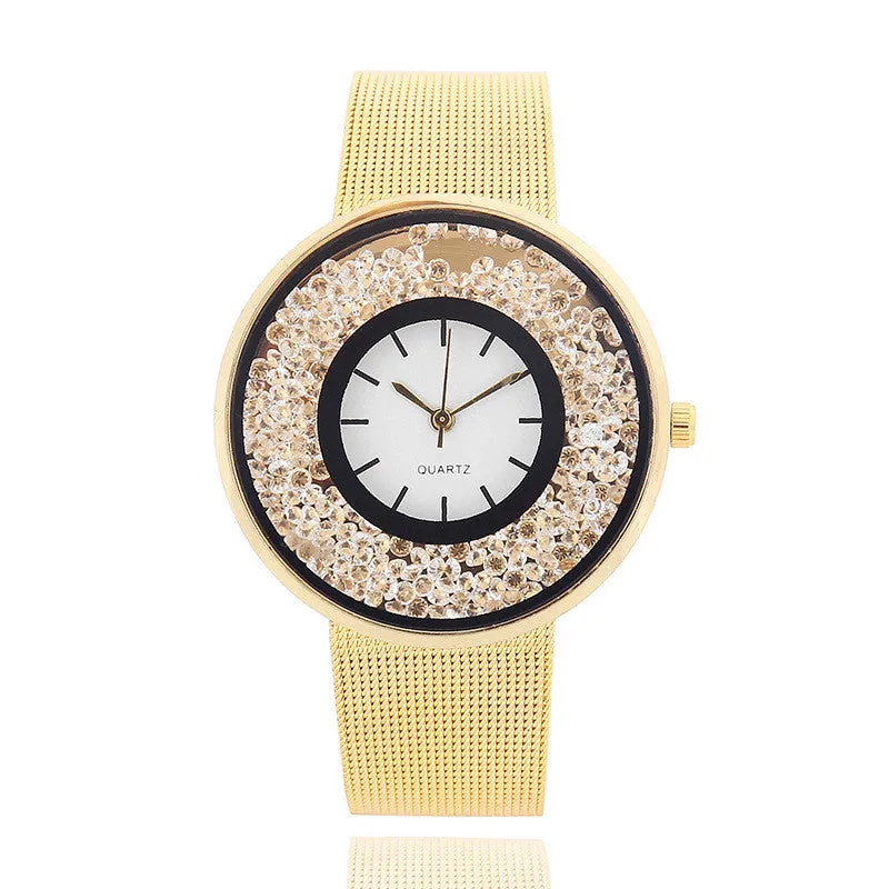 Sidiou Group Hot Sale Fashion Stainless Steel Rose Gold & Silver Band Quartz Watch Luxury Women Rhinestone Watches Mesh Strap Valentine Gift Watch