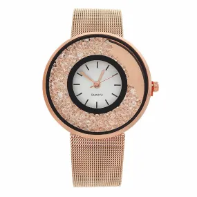 Sidiou Group Hot Sale Fashion Stainless Steel Rose Gold & Silver Band Quartz Watch Luxury Women Rhinestone Watches Mesh Strap Valentine Gift Watch
