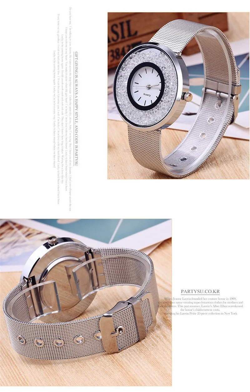Sidiou Group Hot Sale Fashion Stainless Steel Rose Gold & Silver Band Quartz Watch Luxury Women Rhinestone Watches Mesh Strap Valentine Gift Watch