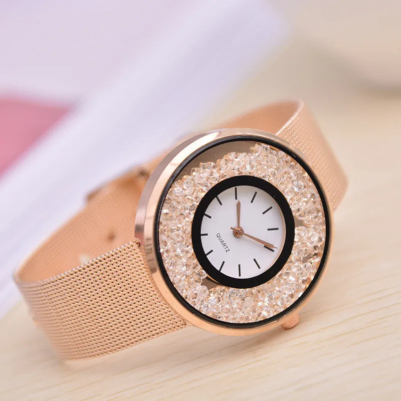 Sidiou Group Hot Sale Fashion Stainless Steel Rose Gold & Silver Band Quartz Watch Luxury Women Rhinestone Watches Mesh Strap Valentine Gift Watch