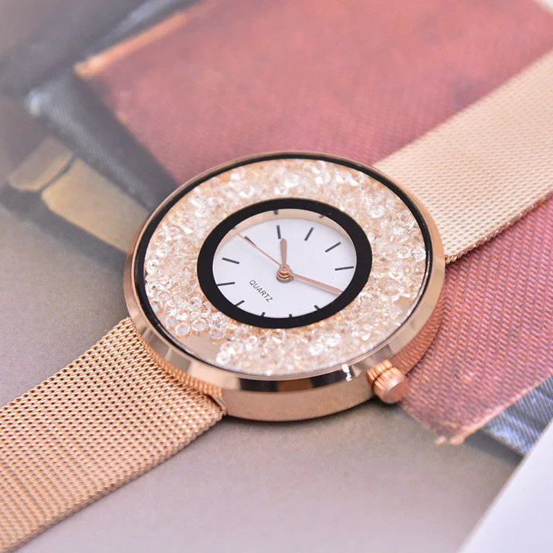 Sidiou Group Hot Sale Fashion Stainless Steel Rose Gold & Silver Band Quartz Watch Luxury Women Rhinestone Watches Mesh Strap Valentine Gift Watch
