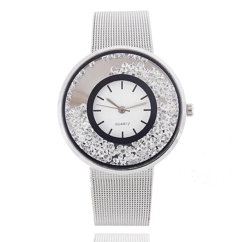 Sidiou Group Hot Sale Fashion Stainless Steel Rose Gold & Silver Band Quartz Watch Luxury Women Rhinestone Watches Mesh Strap Valentine Gift Watch