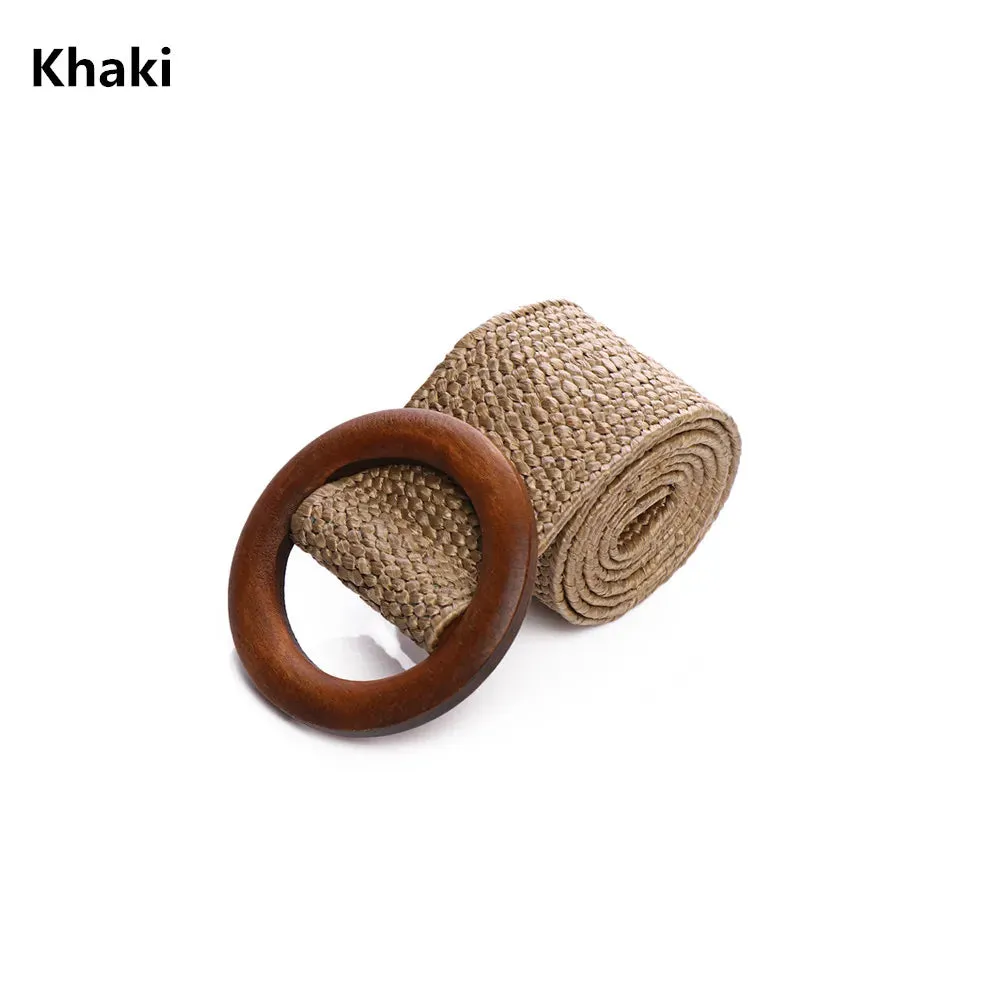 Straw Belt with Wooden Buckle