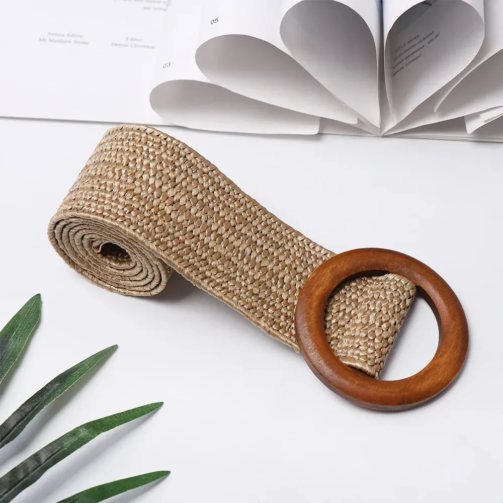 Straw Belt with Wooden Buckle