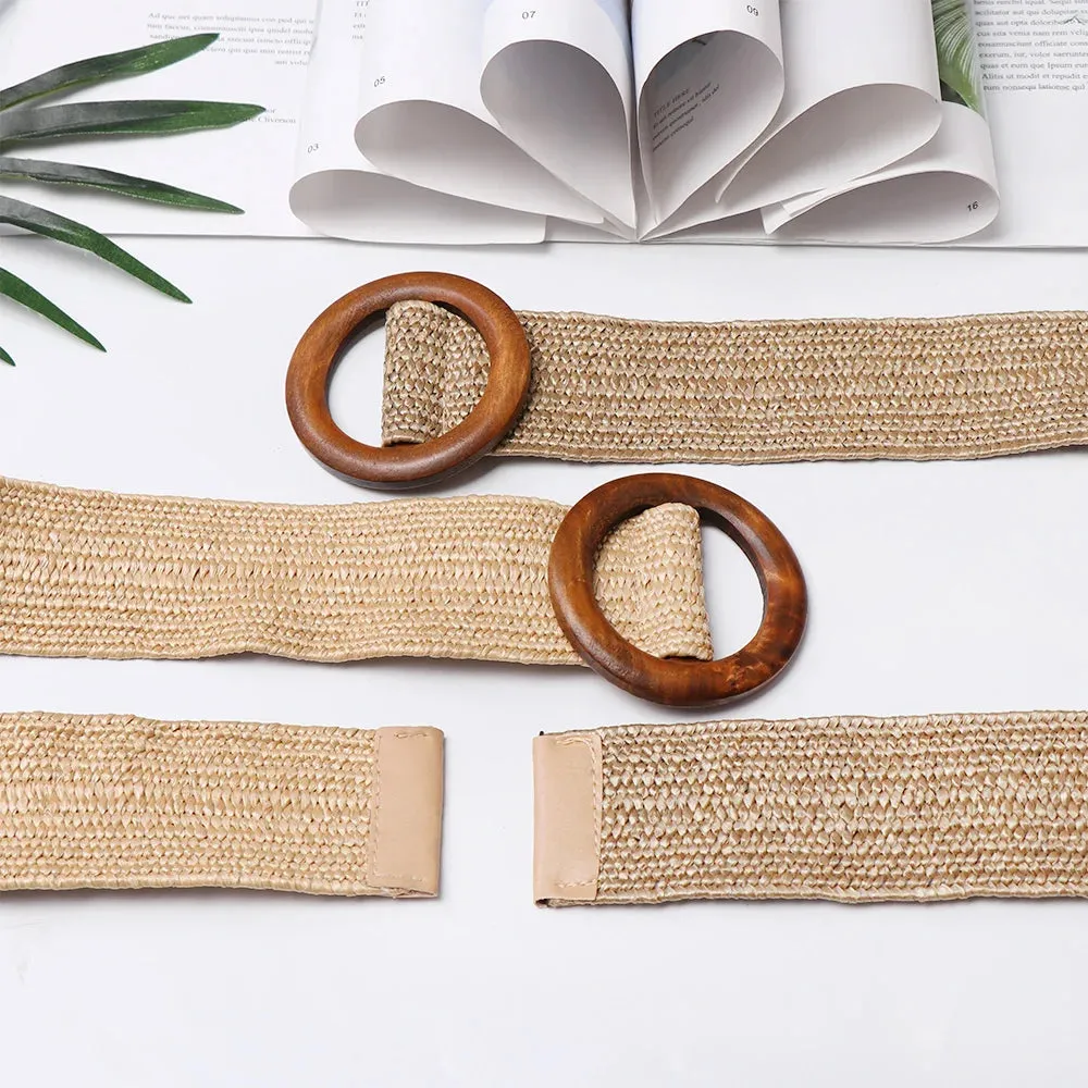 Straw Belt with Wooden Buckle